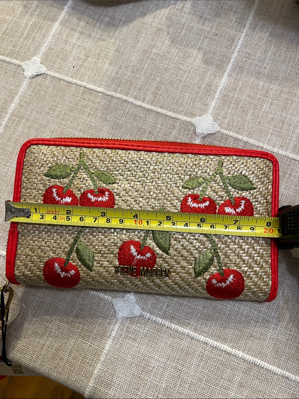 Steve Madden Red Cherry Embroidered Straw Wristlet - Picture 8 of 9